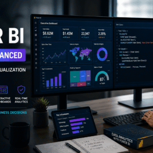 Professional analyst using Power BI advanced dashboards with data visualizations, charts, and real-time business insights