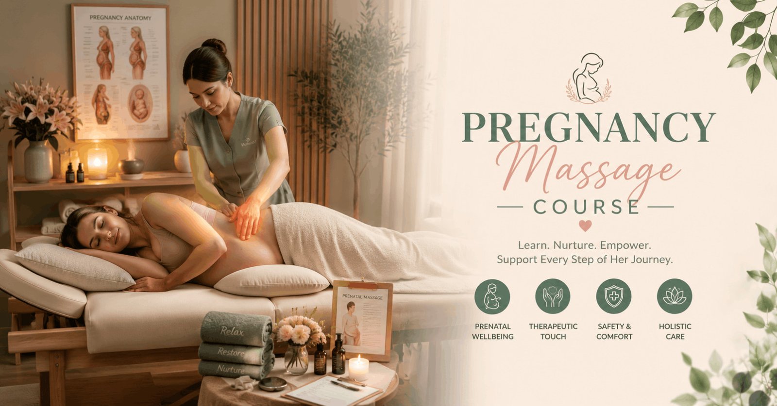 Pregnancy Massage Course featuring a professional therapist providing a safe prenatal massage in a modern wellness clinic.