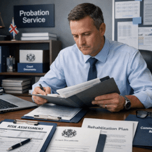 Professional probation officer reviewing case files in a justice office for probation officer diploma training
