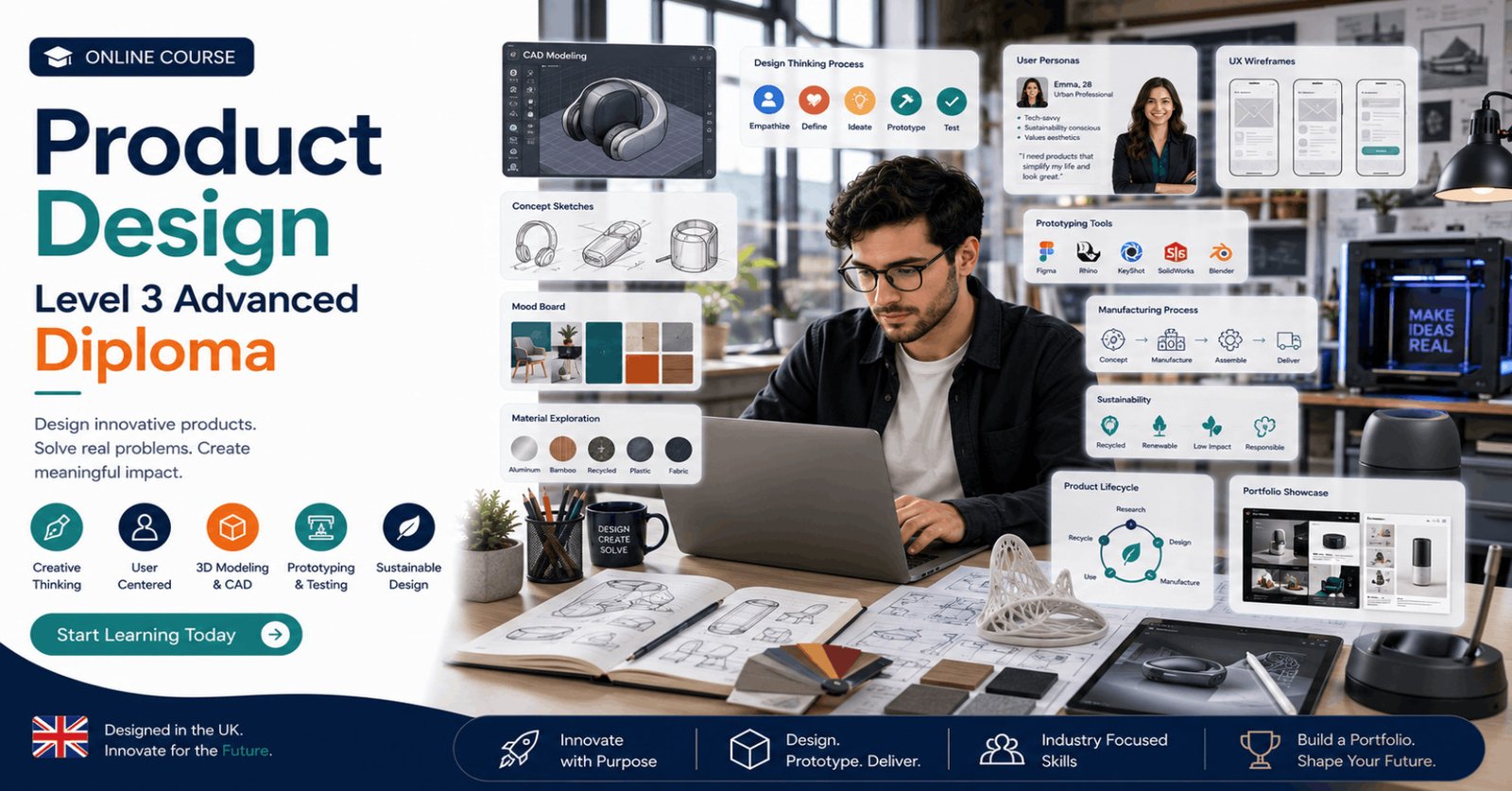 Professional Product Design Diploma course featuring CAD design, prototyping, UX design, and product development.
