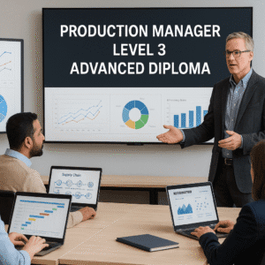 Students learning production management course techniques with digital dashboards and manufacturing planning tools