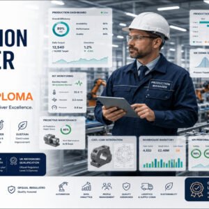 Professional Production Management Diploma course featuring smart manufacturing, automation, quality control, and supply chain management.