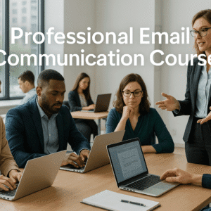 Office workers practising Professional Email Communication, writing and reviewing messages on laptops in a modern training environment.