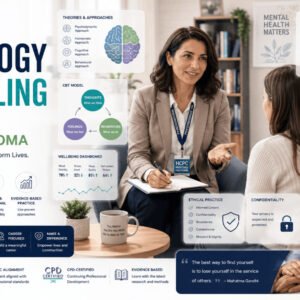 Professional Psychology Counselling Diploma course featuring therapist consultation, mental health support, and counselling practice.
