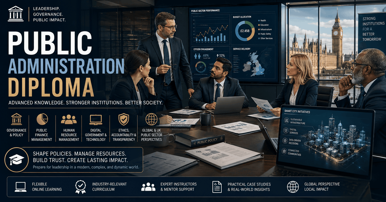 Professionals discussing governance strategies in Public Administration Diploma course