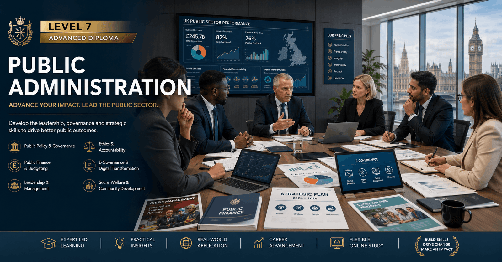 Public Administration Diploma online course with public sector professionals in a modern government office