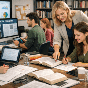 Students studying publishing diploma in a modern digital and print publishing studio with books, screens, and editorial tools