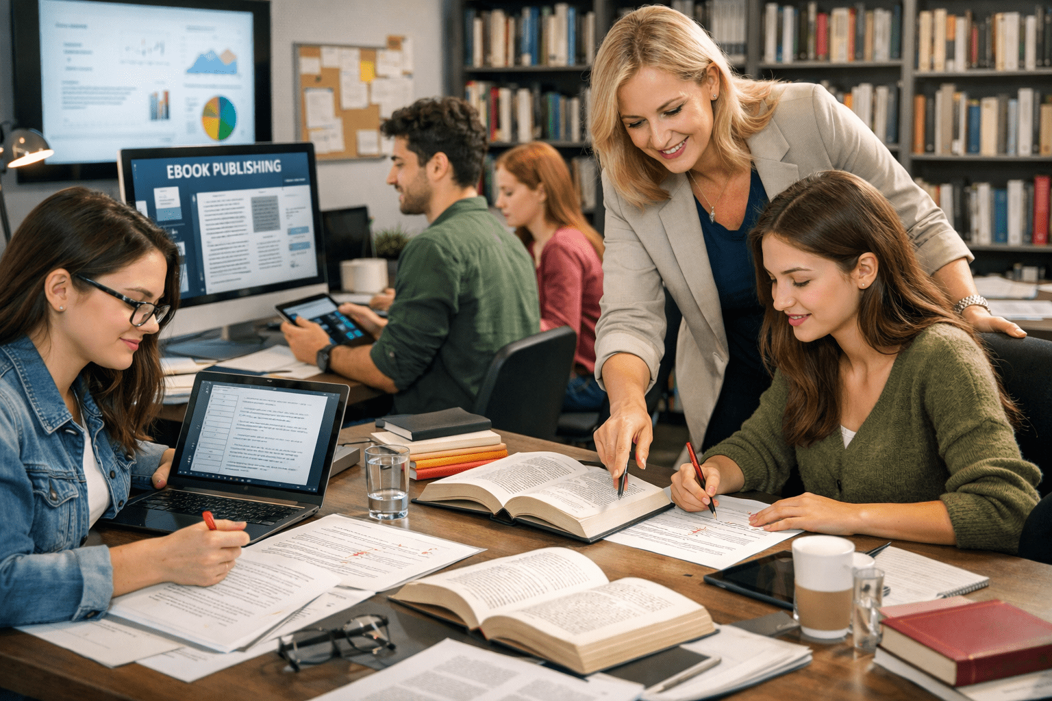 Students studying publishing diploma in a modern digital and print publishing studio with books, screens, and editorial tools