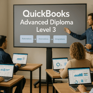 Adult learners mastering advanced QuickBooks analytics and integrations in a modern UK training environment.
