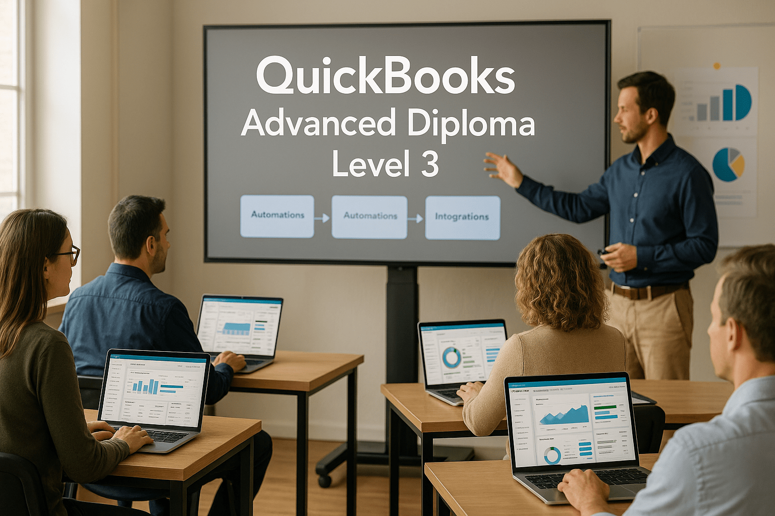 Adult learners mastering advanced QuickBooks analytics and integrations in a modern UK training environment.