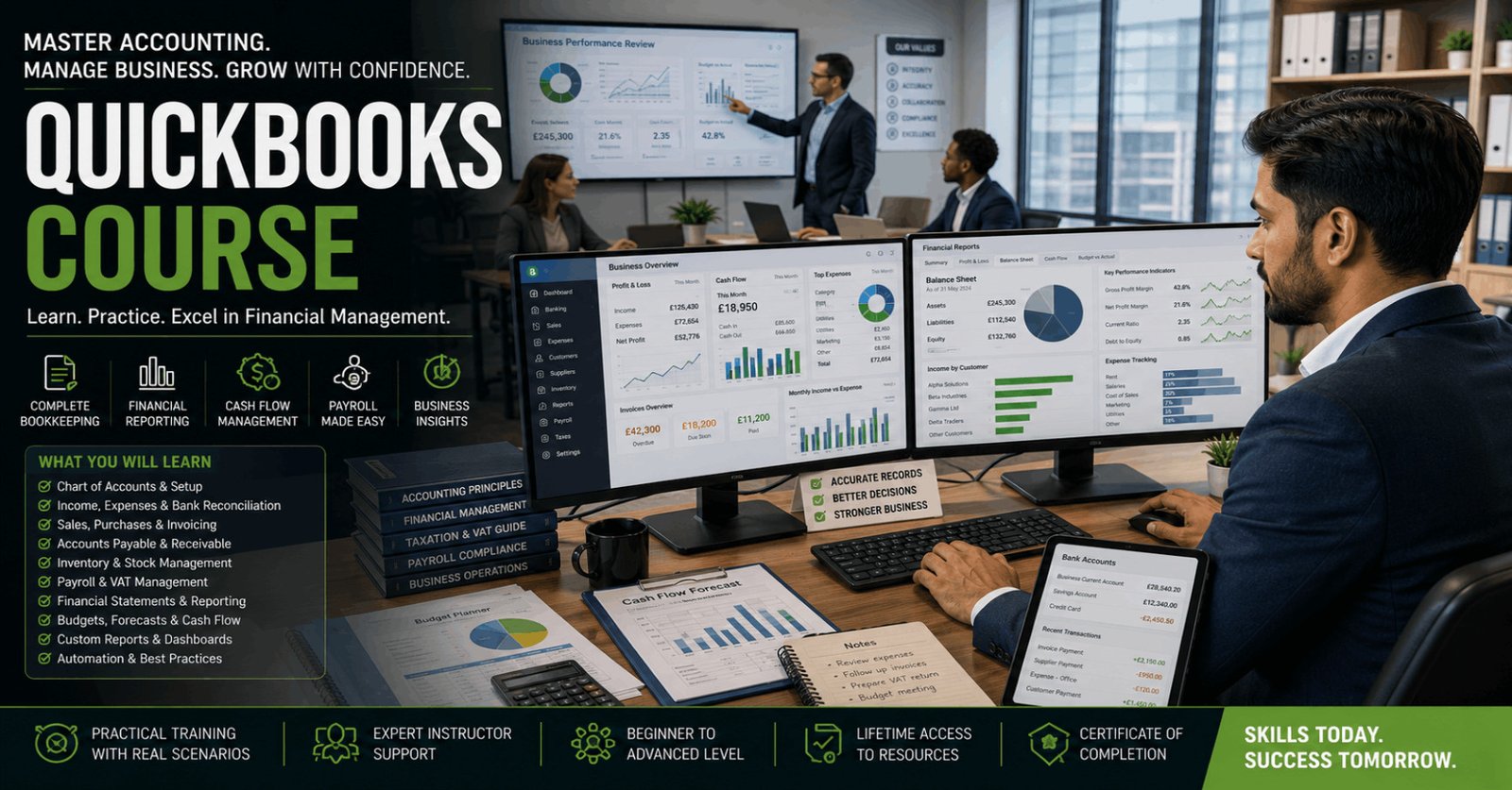 Finance professional analysing reports in QuickBooks during a QuickBooks Course in a modern accounting office.