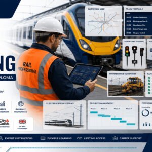Professional Rail Training Diploma course featuring railway infrastructure, train operations, signalling systems, and rail safety.