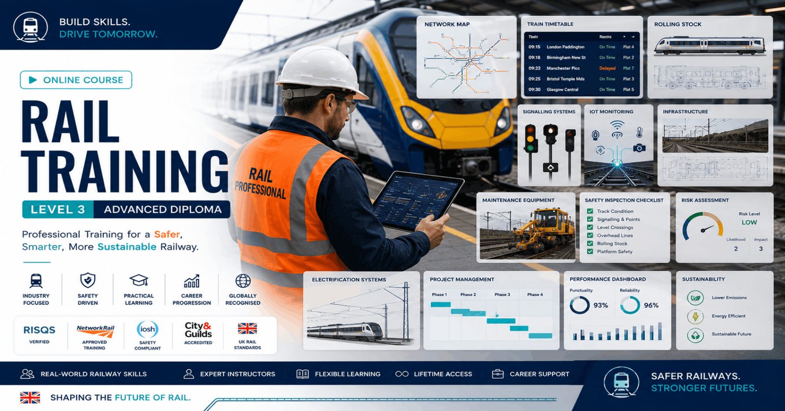 Professional Rail Training Diploma course featuring railway infrastructure, train operations, signalling systems, and rail safety.