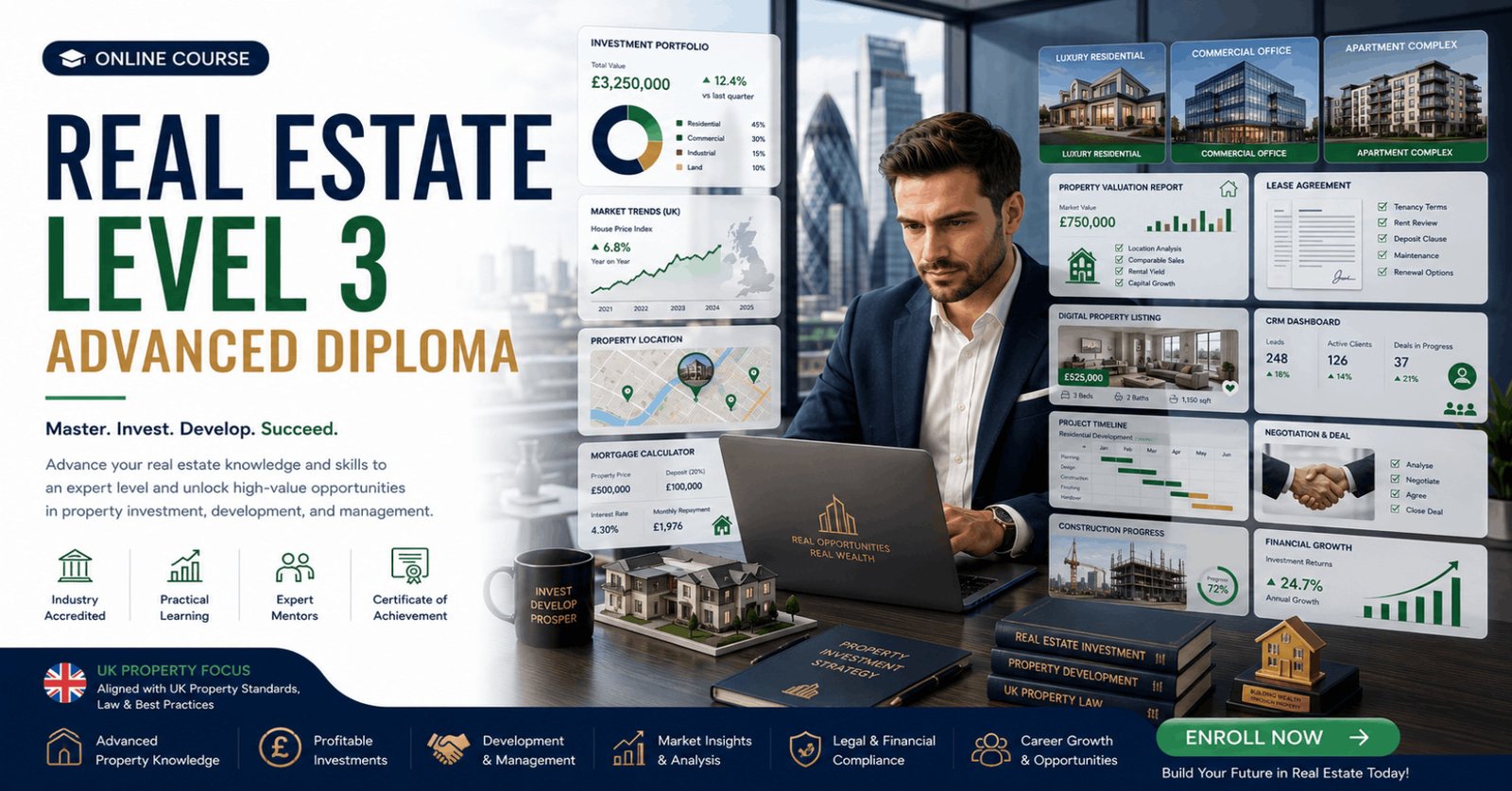 Professional Real Estate Diploma course featuring property investment, valuation, real estate development, and property management.
