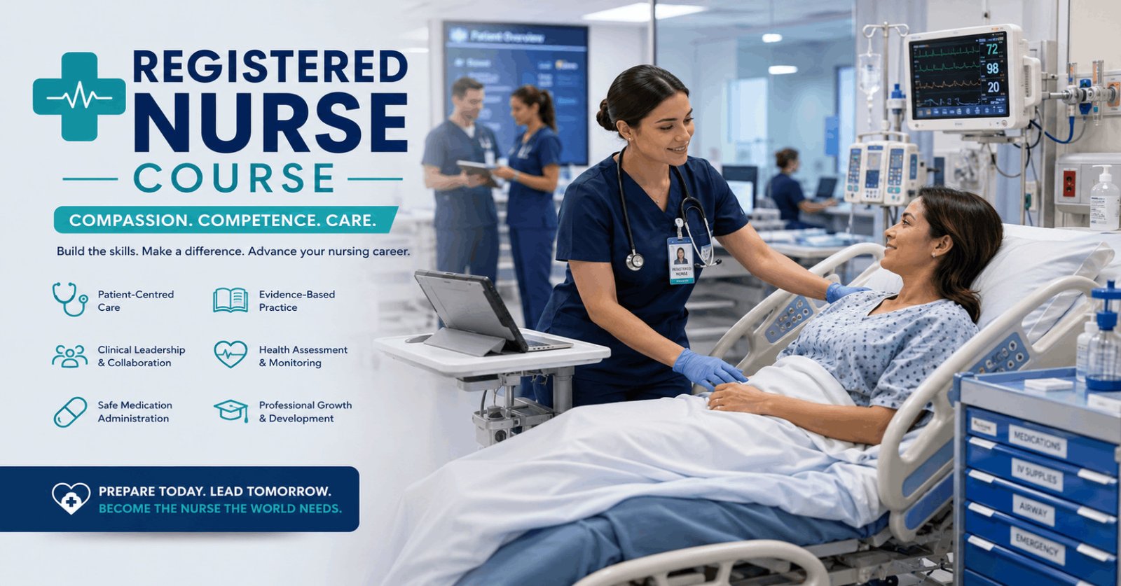 Registered nurse providing advanced patient care during a Registered Nurse Course in a modern hospital environment.