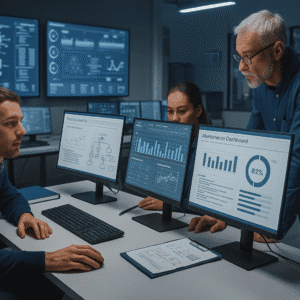 engineers analysing system reliability data and maintenance strategies in a professional control room