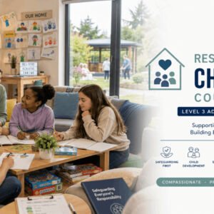 Residential Childcare Course featuring a childcare worker supporting children in a safe and welcoming residential care home.
