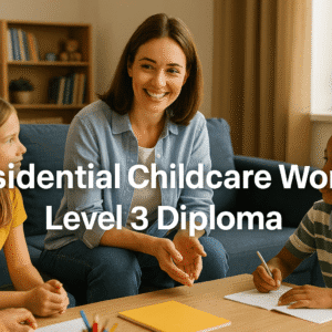 Residential childcare worker guiding children in a safe home environment during training session