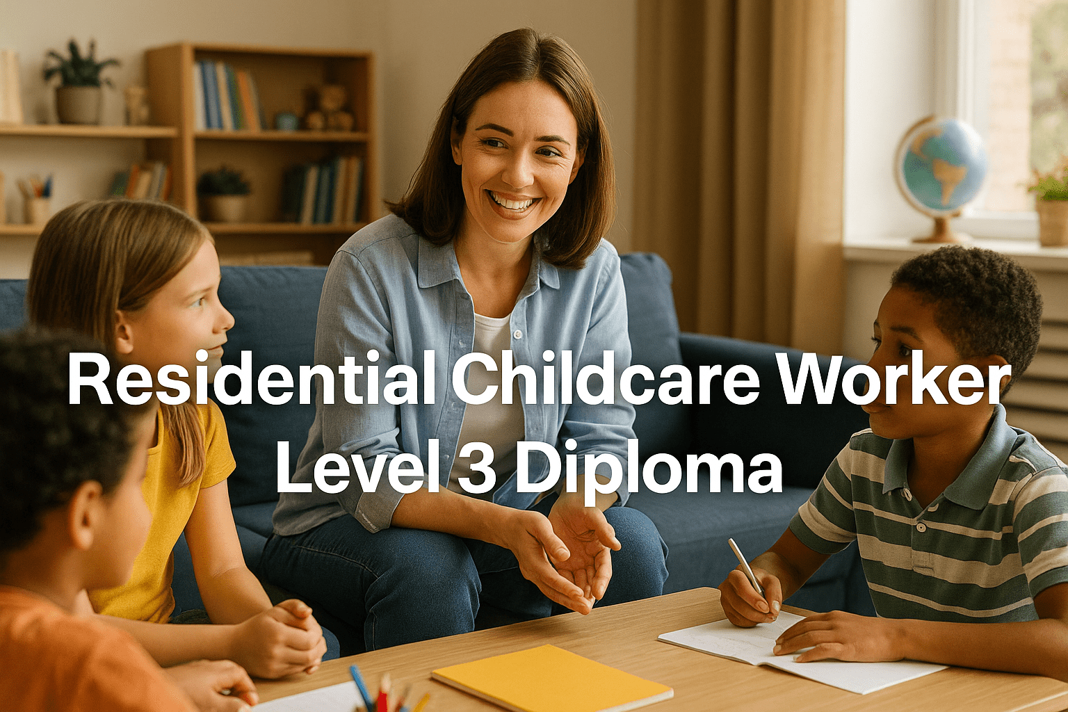 Residential childcare worker guiding children in a safe home environment during training session