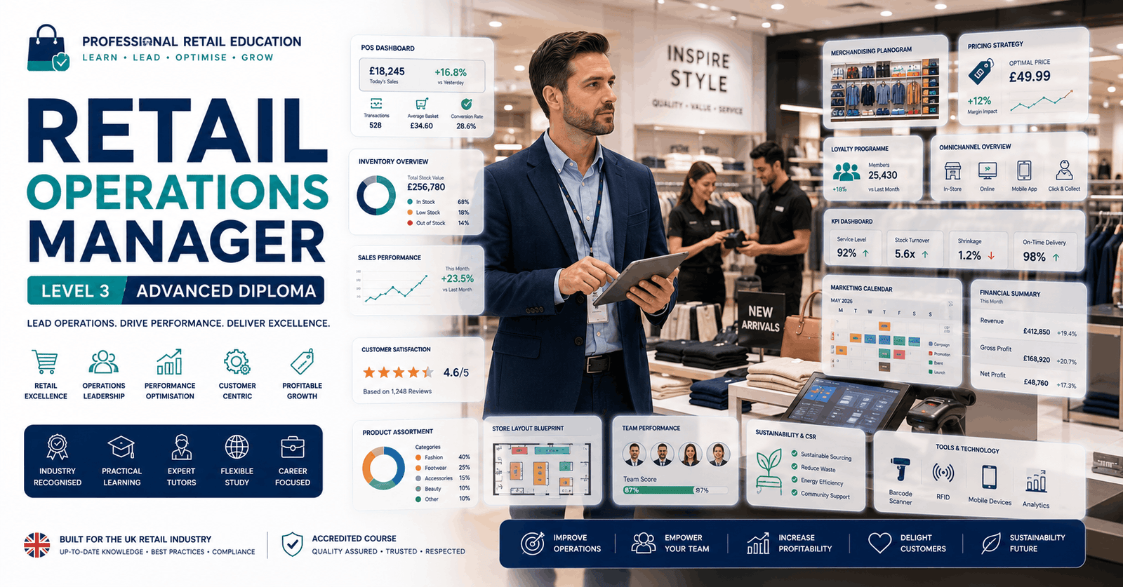 Professional Retail Operations Management course featuring store management, merchandising, customer service, and retail analytics.