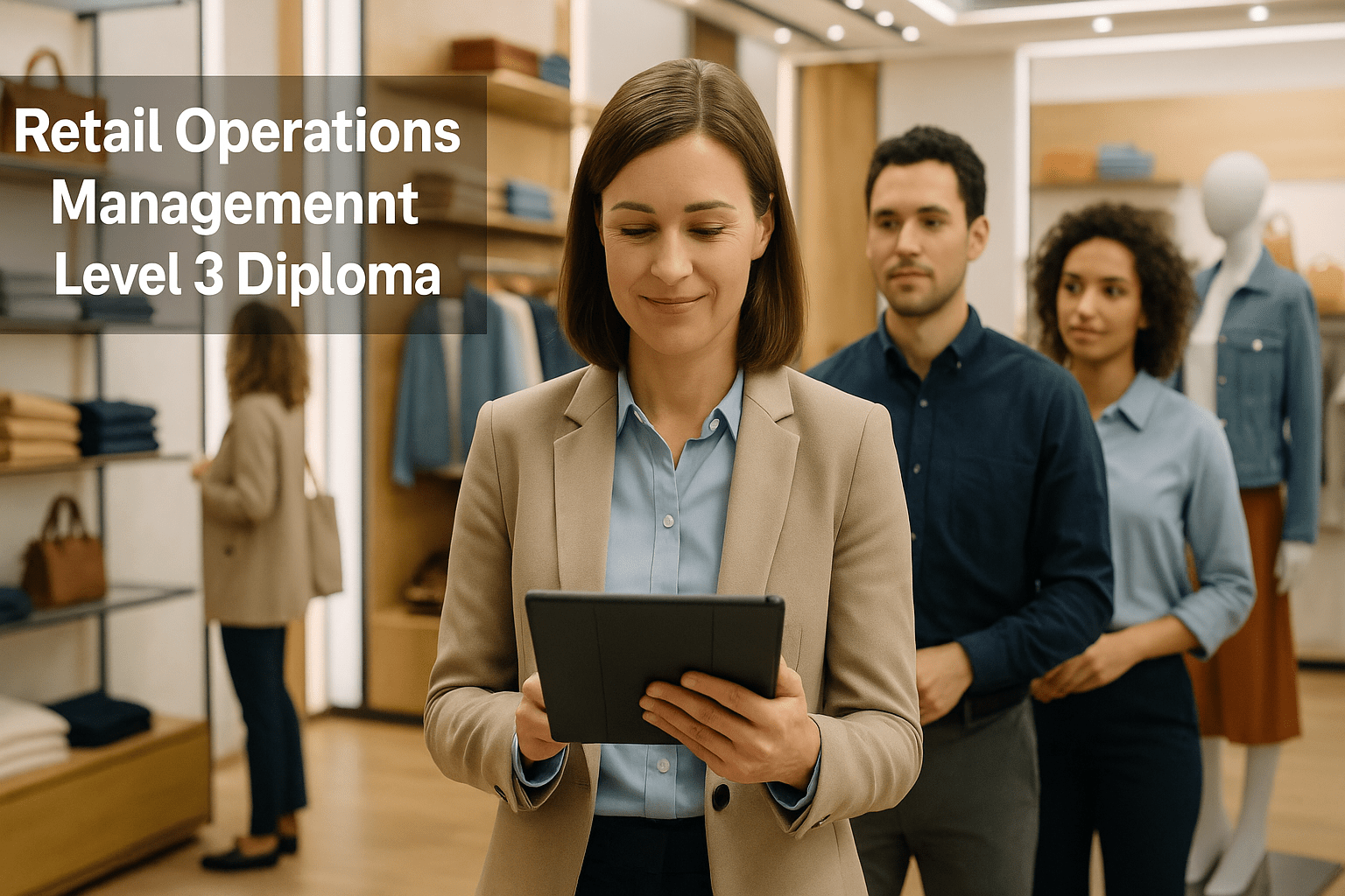 Retail operations management Level 3 Diploma showing manager leading store team and merchandising layout.