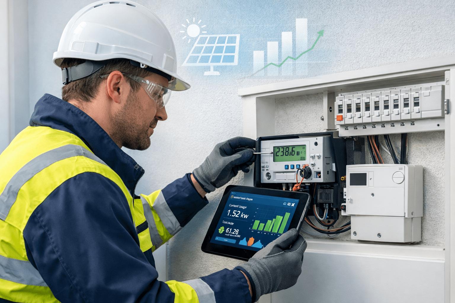 Smart meter installer training showing technicians installing digital meters in a modern UK home with energy monitoring screens