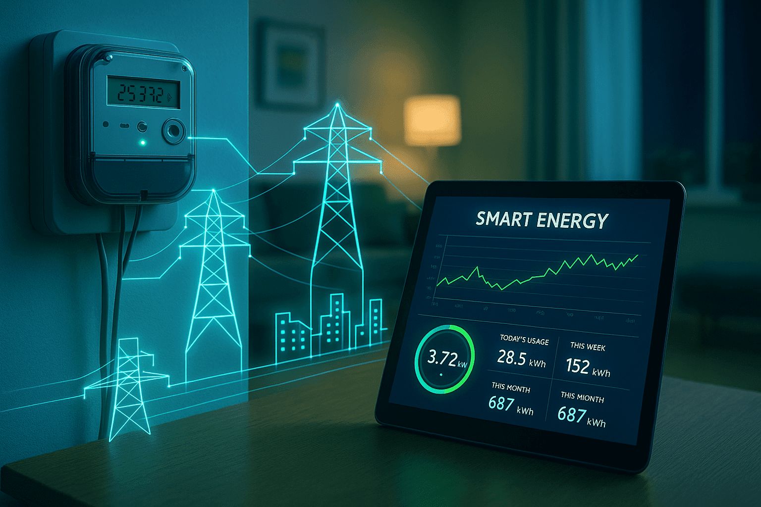 Smart meter technology dashboard showing energy data and connected grid system.