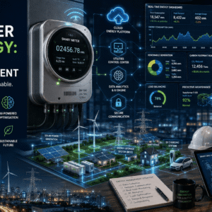Engineer analysing Smart Meter Technology with smart grids, digital energy meters and real-time energy monitoring dashboards.