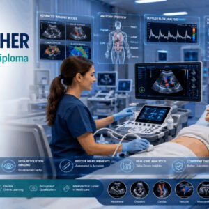Professional sonographer performing advanced ultrasound imaging during Sonographer Diploma training in a modern medical clinic.