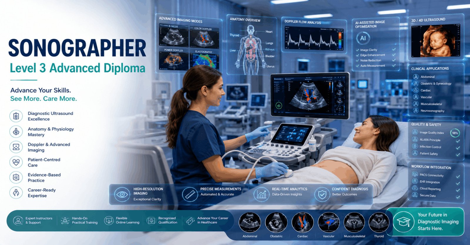 Professional sonographer performing advanced ultrasound imaging during Sonographer Diploma training in a modern medical clinic.