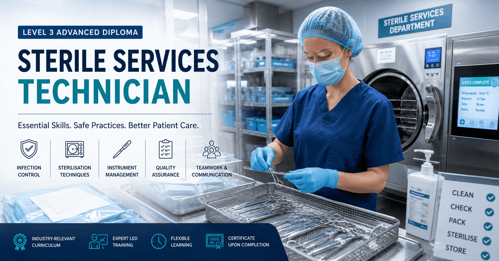 Sterile Services Technician performing medical instrument sterilisation in a modern healthcare facility
