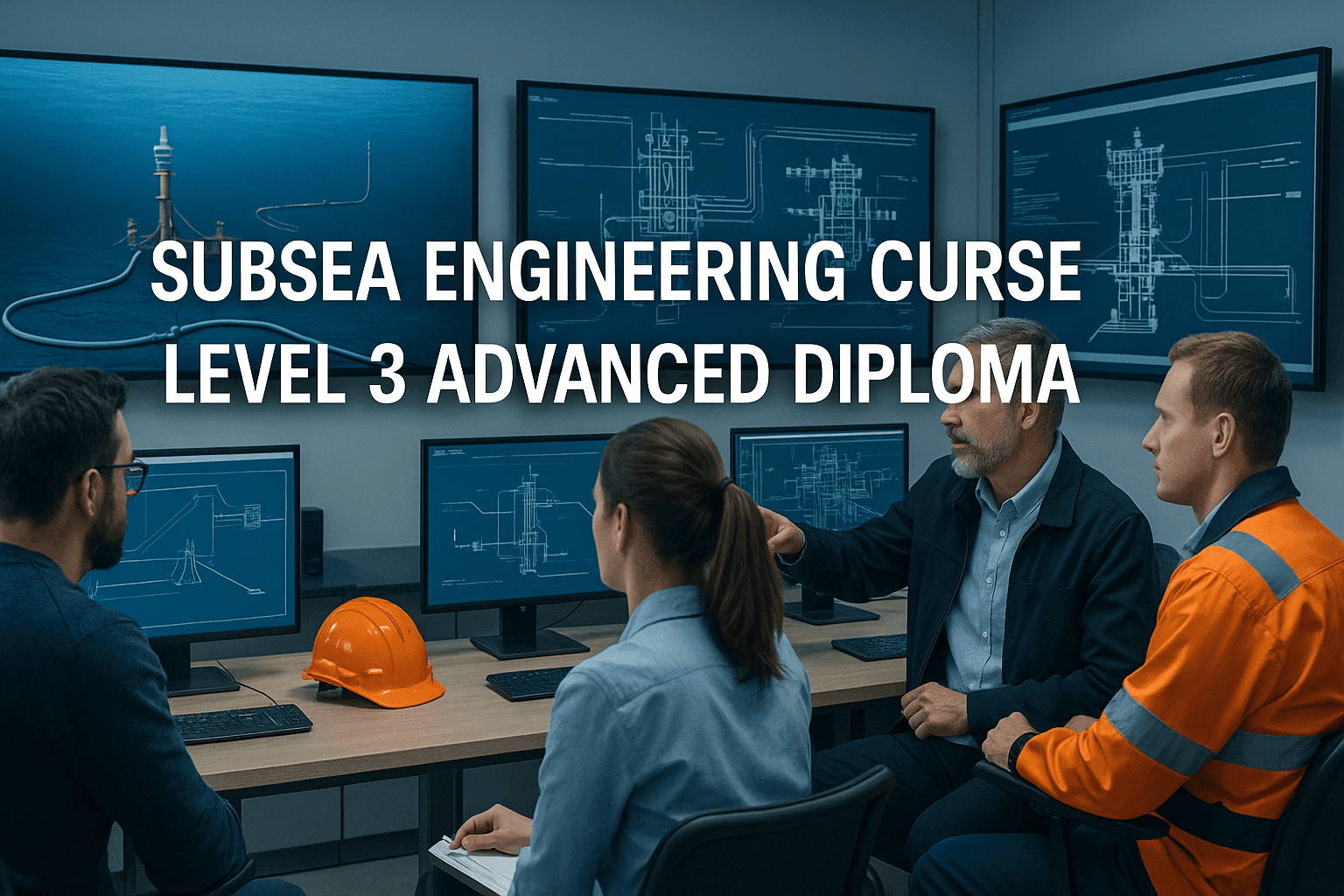 Engineers studying subsea systems and pipelines in a Subsea Engineering Course Level 3 Advanced Diploma training session