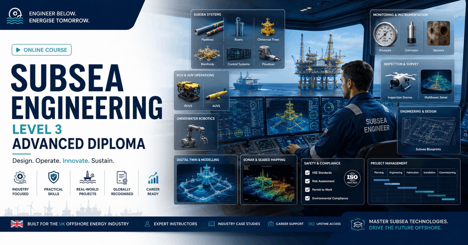 Professional Subsea Engineering Diploma course featuring offshore pipelines, ROVs, subsea systems, and underwater engineering.
