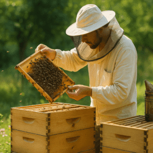 Sustainable beekeeping course image showing a beekeeper inspecting a hive outdoors.