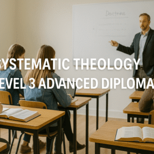 Students studying scripture and theology in a UK college classroom for Systematic Theology Course Level 3.