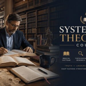 Systematic Theology Course featuring a theology scholar studying biblical texts, historical manuscripts, and theological references.