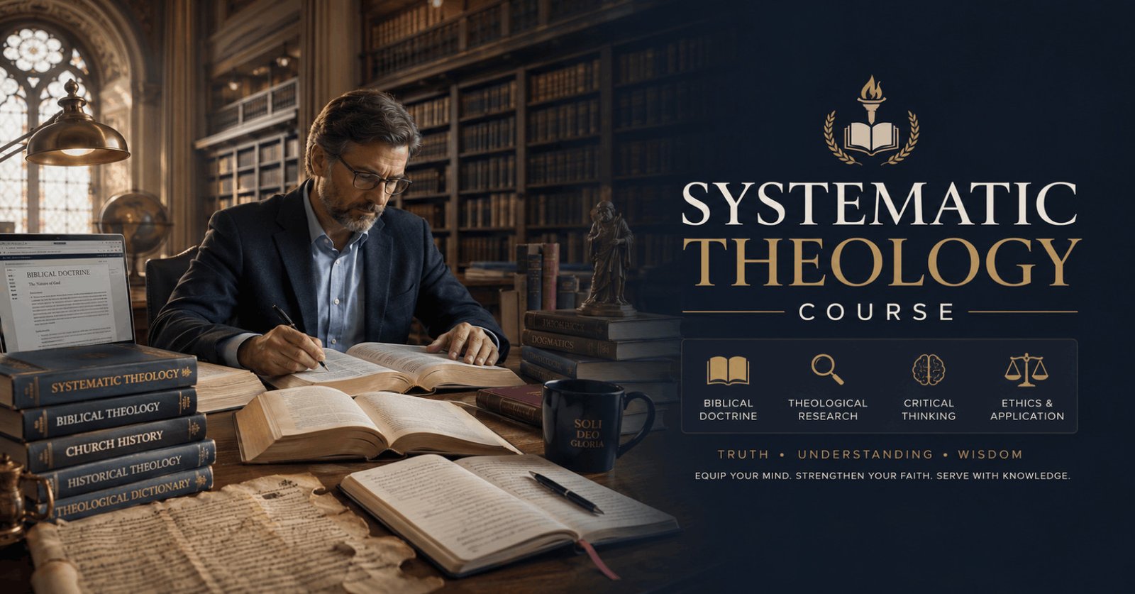 Systematic Theology Course featuring a theology scholar studying biblical texts, historical manuscripts, and theological references.