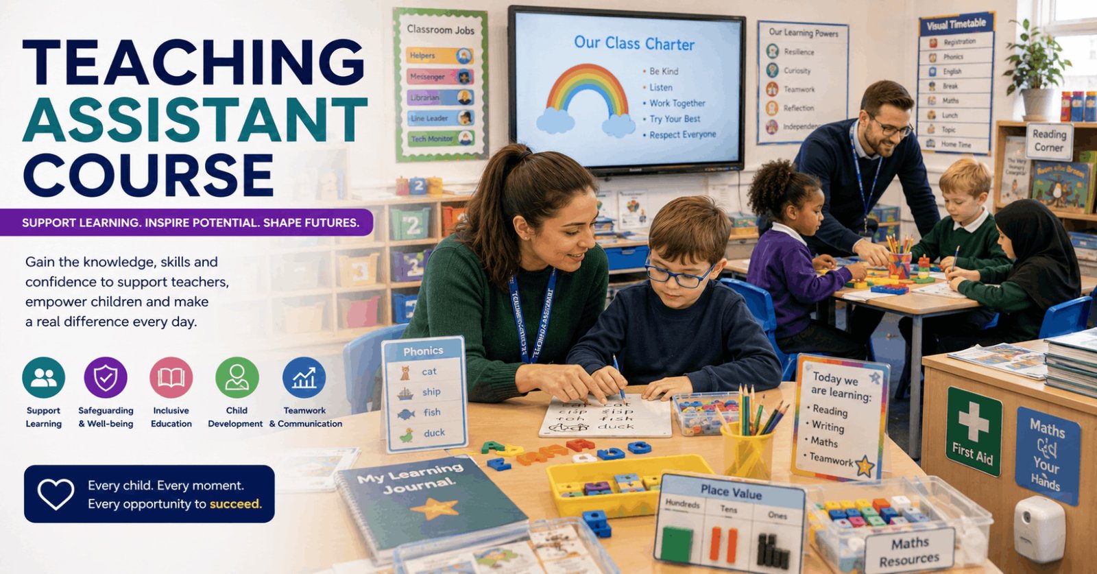 Teaching assistant supporting pupils during a Teaching Assistant Course in a modern inclusive classroom.