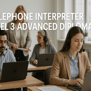 professional telephone interpreter assisting clients via headset during live interpretation call