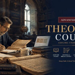 Theology Course featuring a scholar studying sacred texts in a modern theological library with historical and religious resources.
