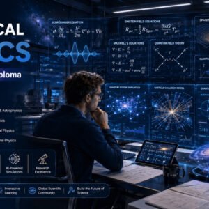 Theoretical physicist studying quantum mechanics and relativity in a modern research laboratory for Theoretical Physics Diploma.