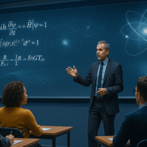 Students learning theoretical physics diploma concepts with equations, atoms, and spacetime visuals