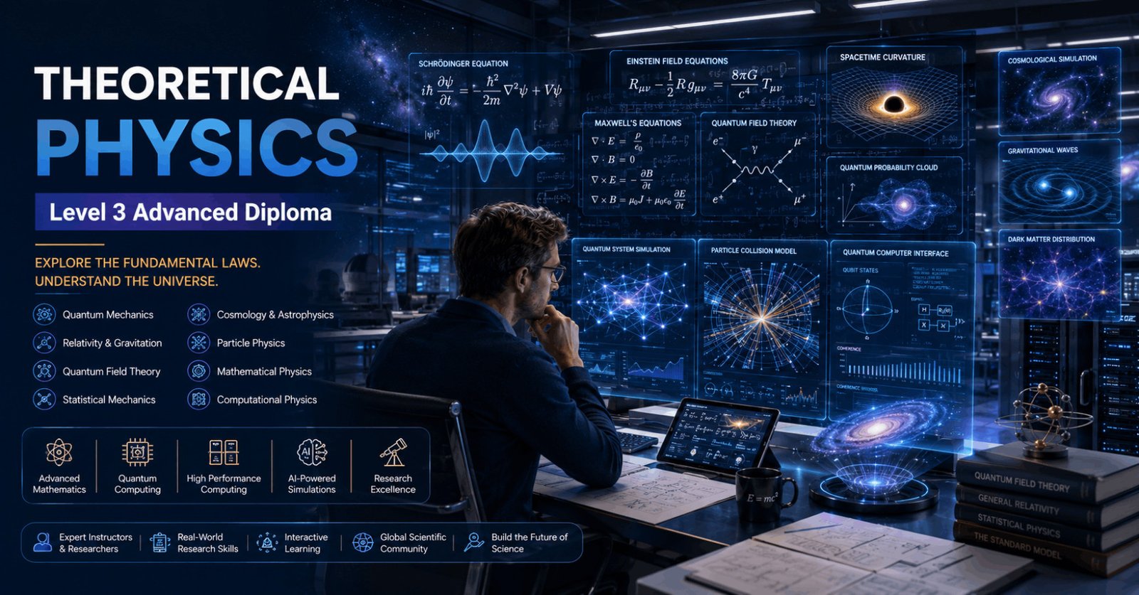 Theoretical physicist studying quantum mechanics and relativity in a modern research laboratory for Theoretical Physics Diploma.