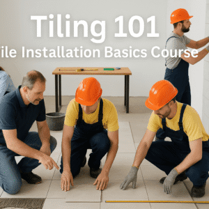 Students practising tile installation basics on floors and walls in a UK training workshop with professional tools.