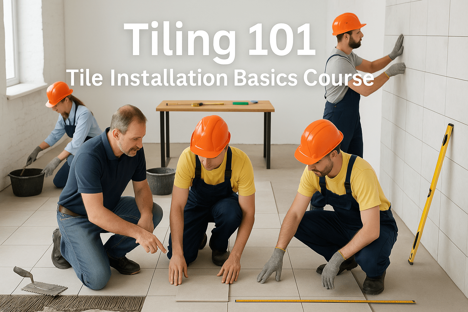 Students practising tile installation basics on floors and walls in a UK training workshop with professional tools.