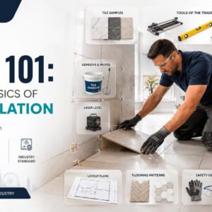 Professional Tile Installation Course featuring ceramic tiles, tiling tools, surface preparation, and grouting techniques.