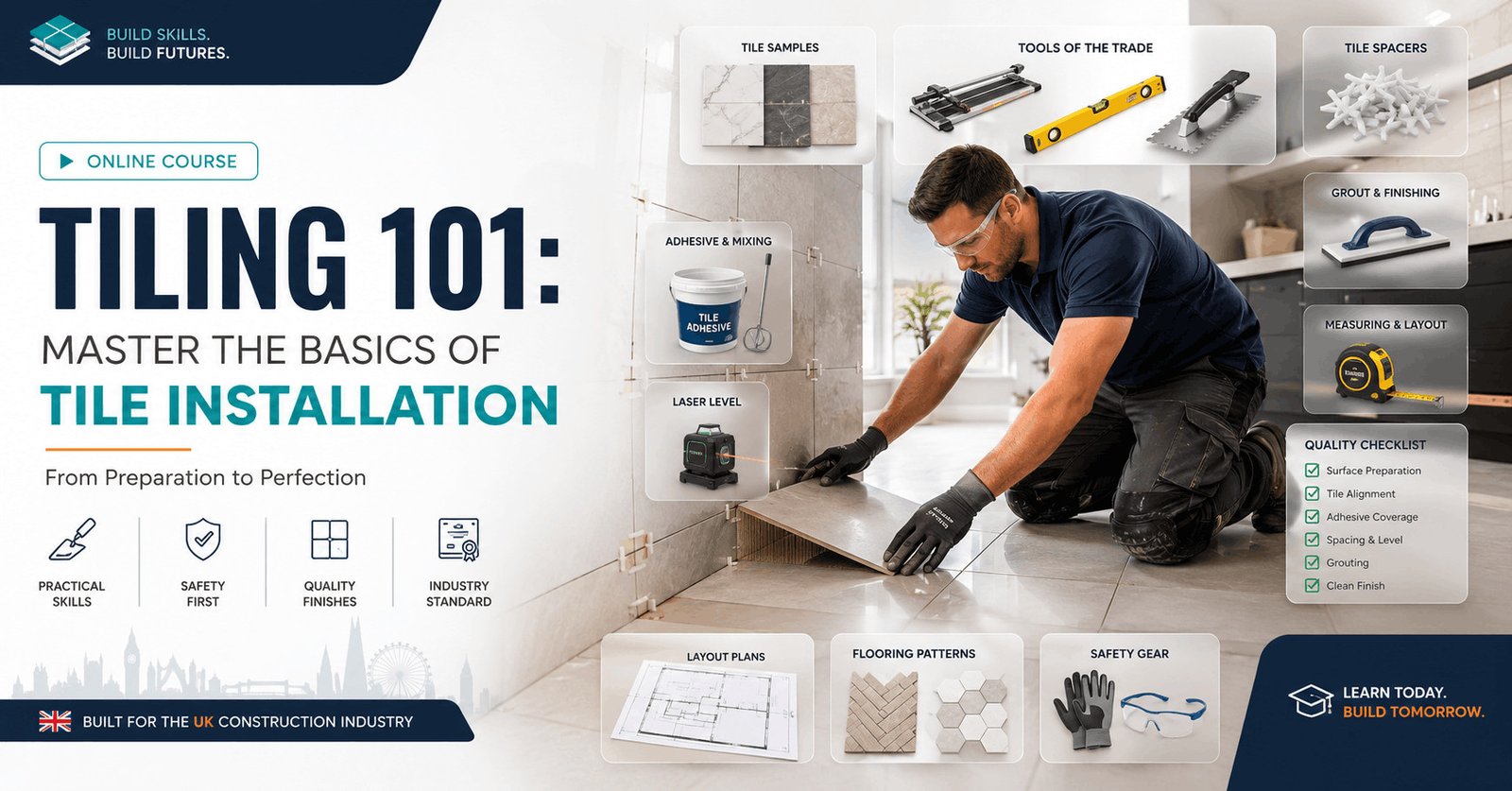 Professional Tile Installation Course featuring ceramic tiles, tiling tools, surface preparation, and grouting techniques.