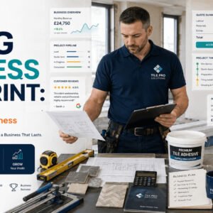 Professional Tiling Business Course featuring tile installation, business planning, marketing, project management, and client growth.