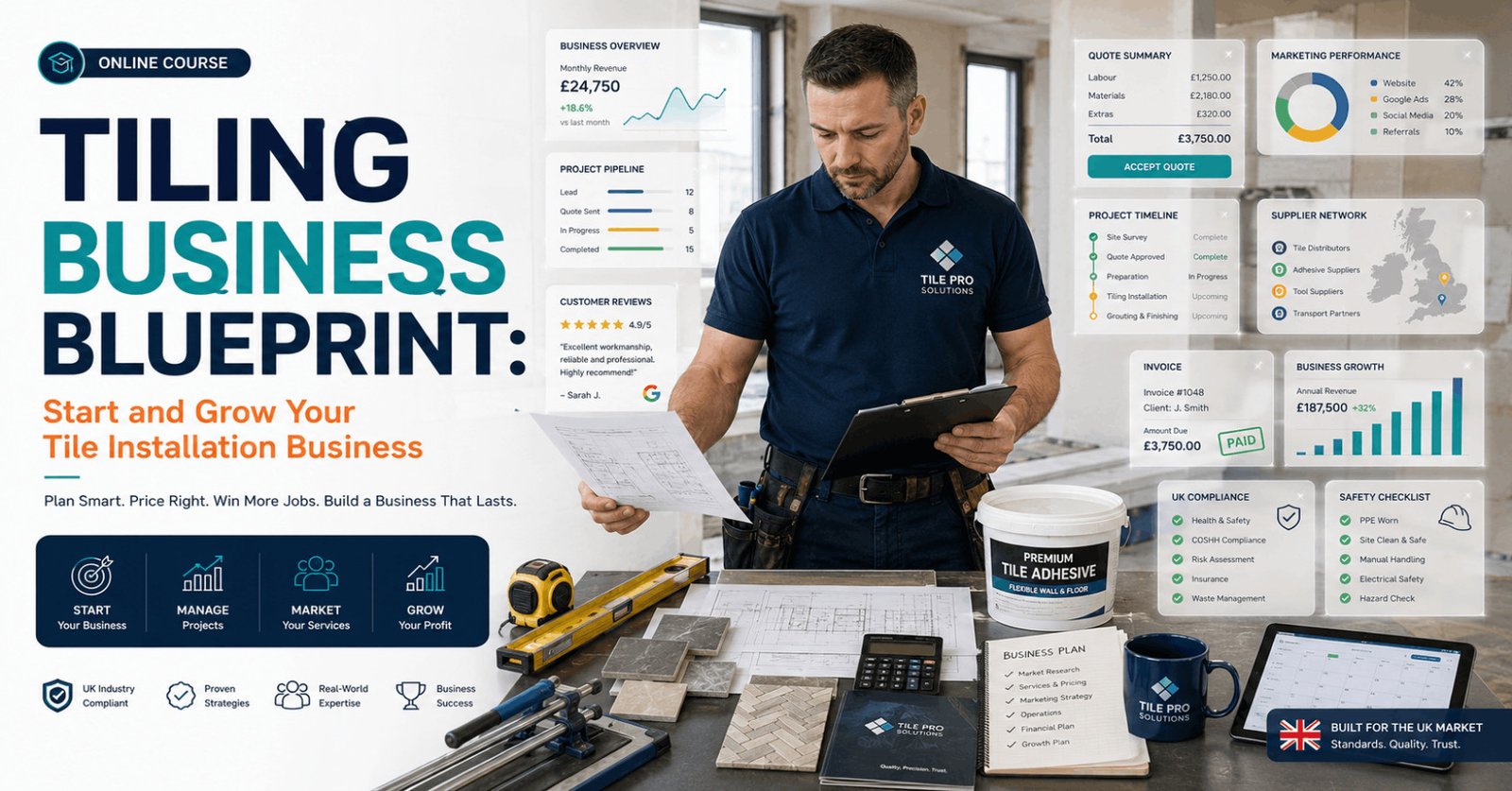 Professional Tiling Business Course featuring tile installation, business planning, marketing, project management, and client growth.
