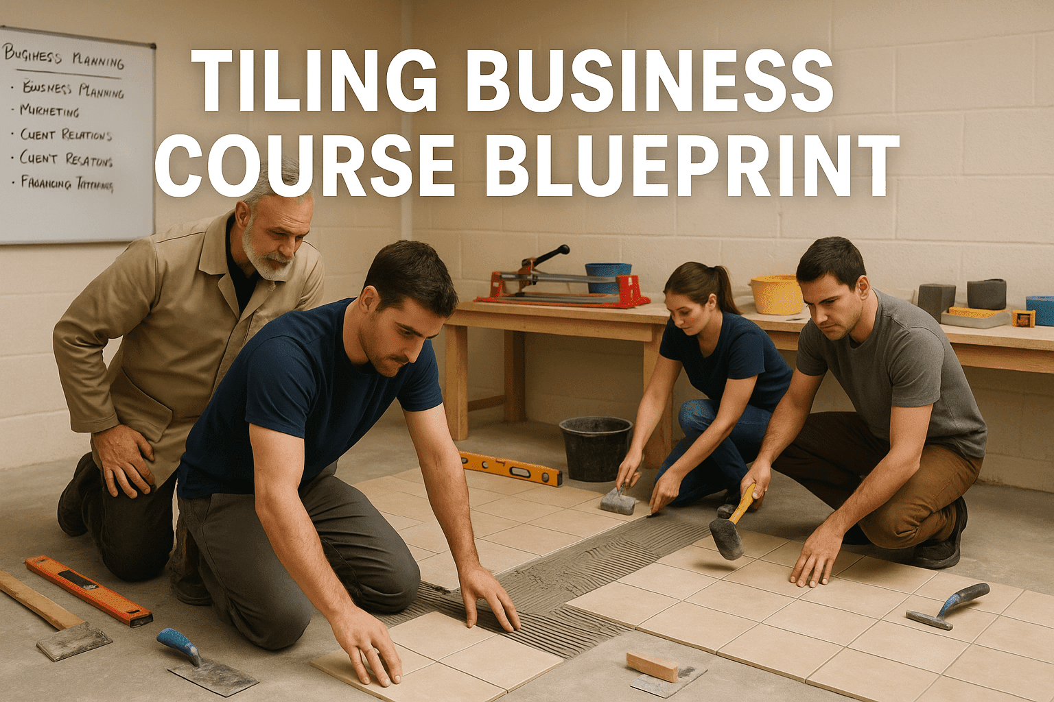 Tiling Business Course Blueprint showing tile installer training in a professional workspace.